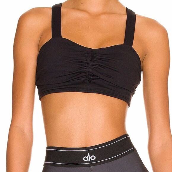 Alo Yoga Airbrush Cinch Bra Black Ruched Front Sculpting Sports Bra Small Active - Picture 2 of 7